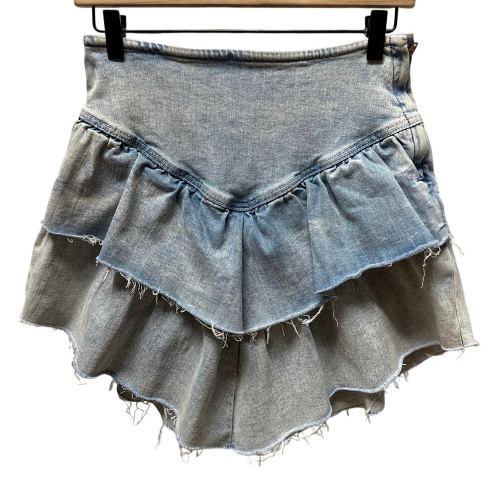 NWT MOTHER The Ruffle Denim Mini Skirt Size 28/6 Lt Wash Tiered Raw Hem Western